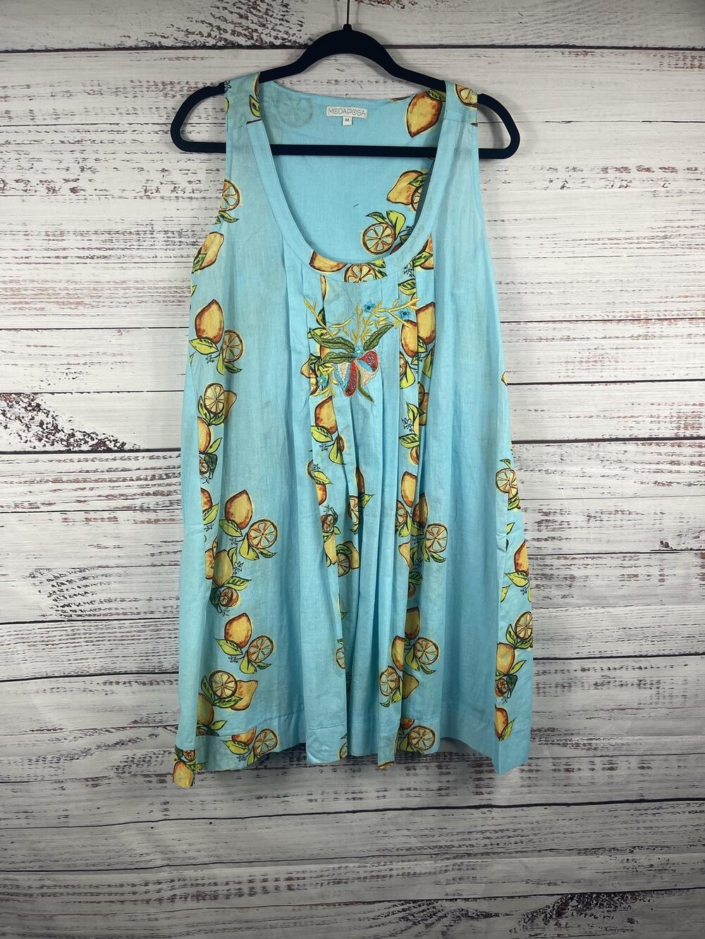 MODAPOSA Dress Women's Medium Blue Lemon Print Swing Cotton Knee Length Sundress